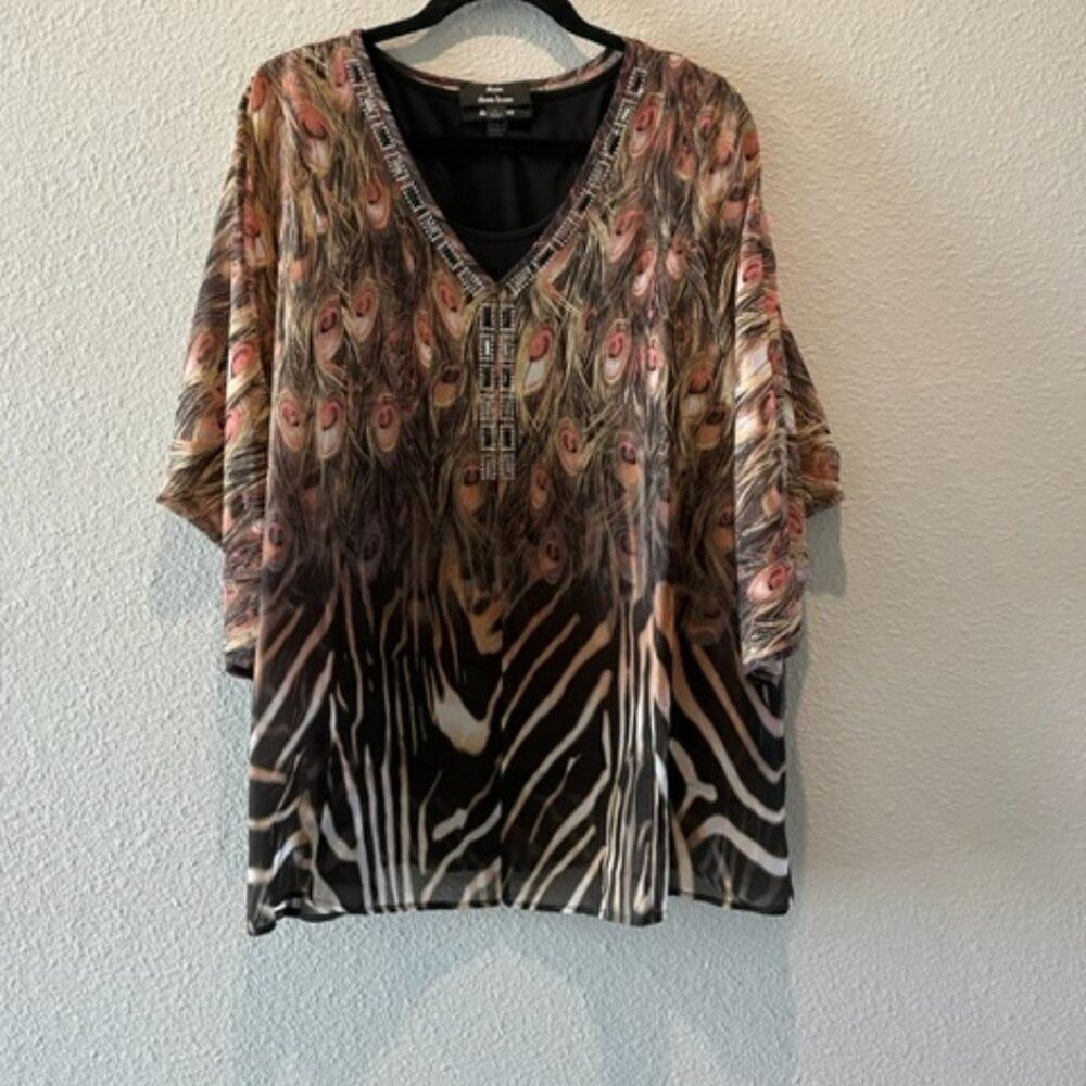 Dennis Basso Sheer Feather Top with Rhinestones and Black Tank Sz Large